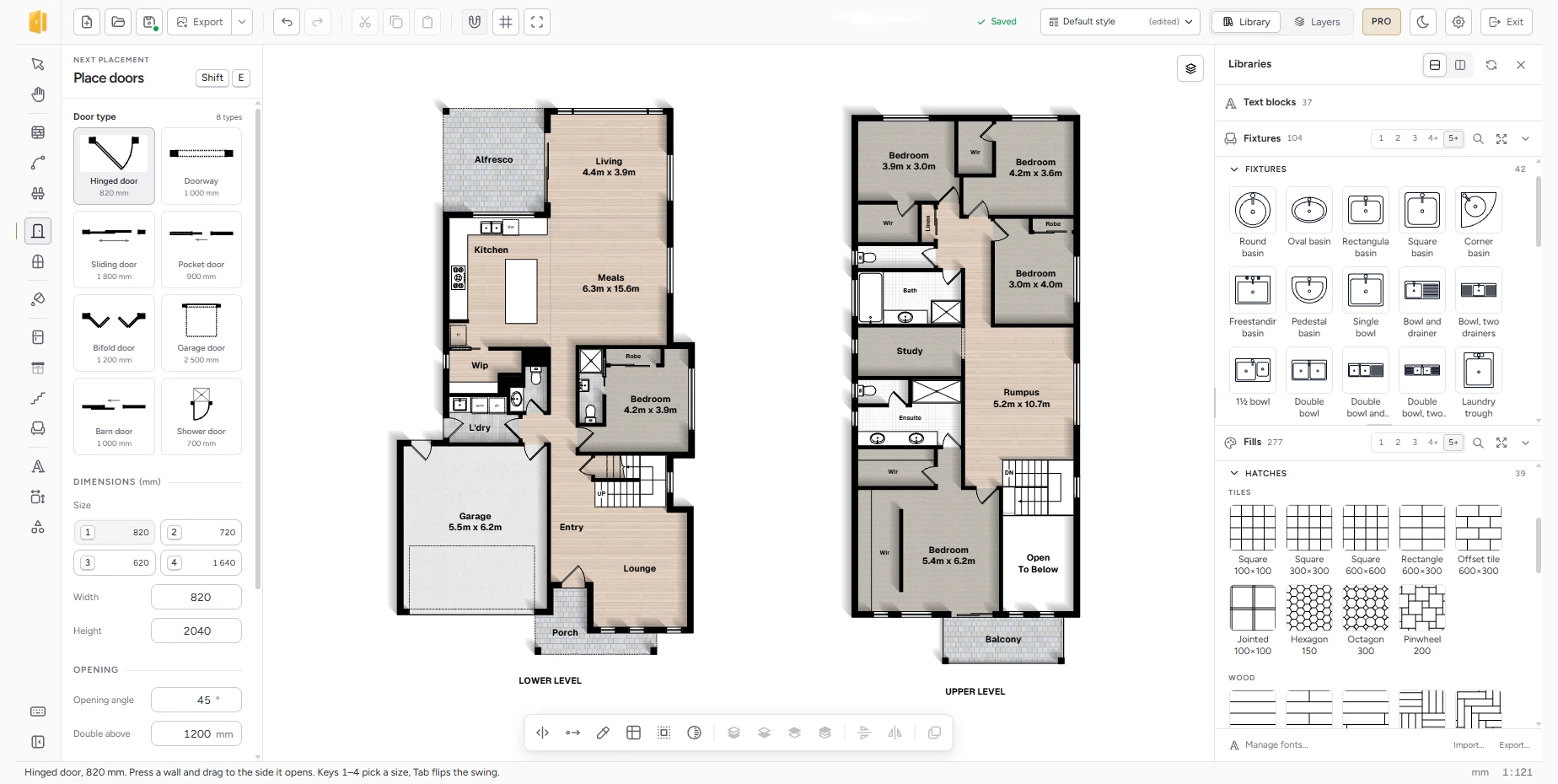 The floor plan editor: a two-storey house plan with furnished rooms and room sizes, the door tools on the left and the fixtures and fills library on the right