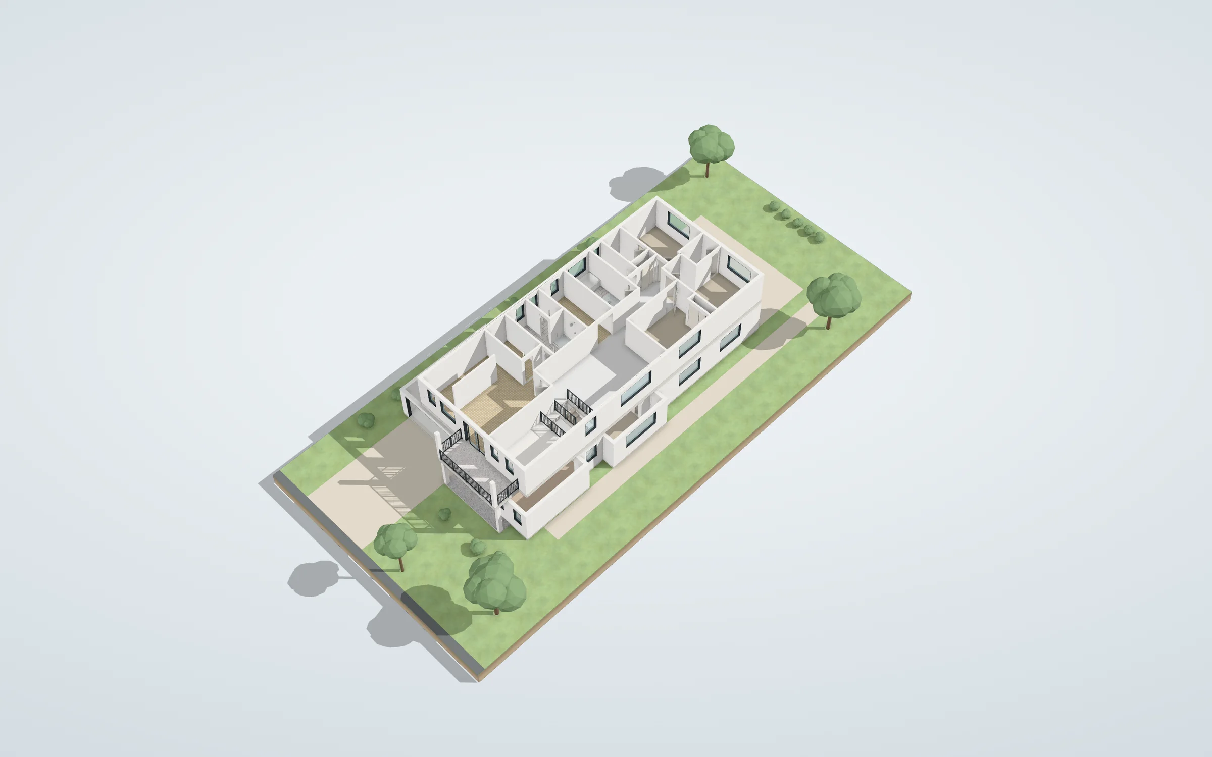A furnished house shown as a 3D Experience, seen from an angle