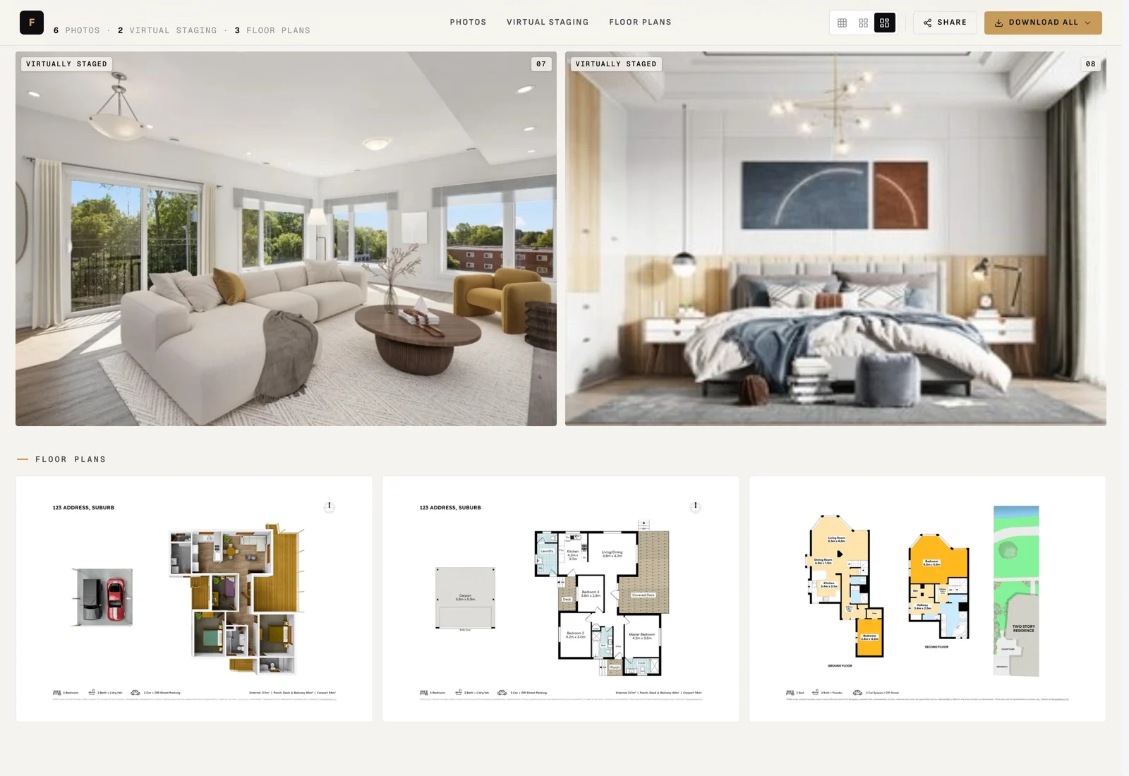 A shared client gallery: virtually staged rooms above the property's floor plans