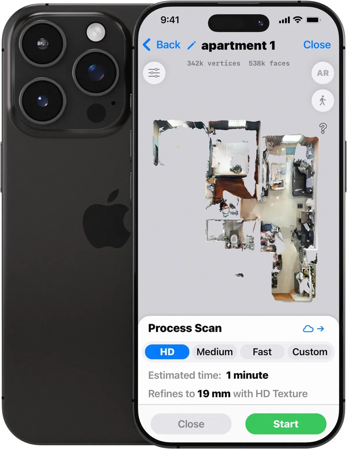 A LiDAR scan of an apartment in a scanning app on an iPhone