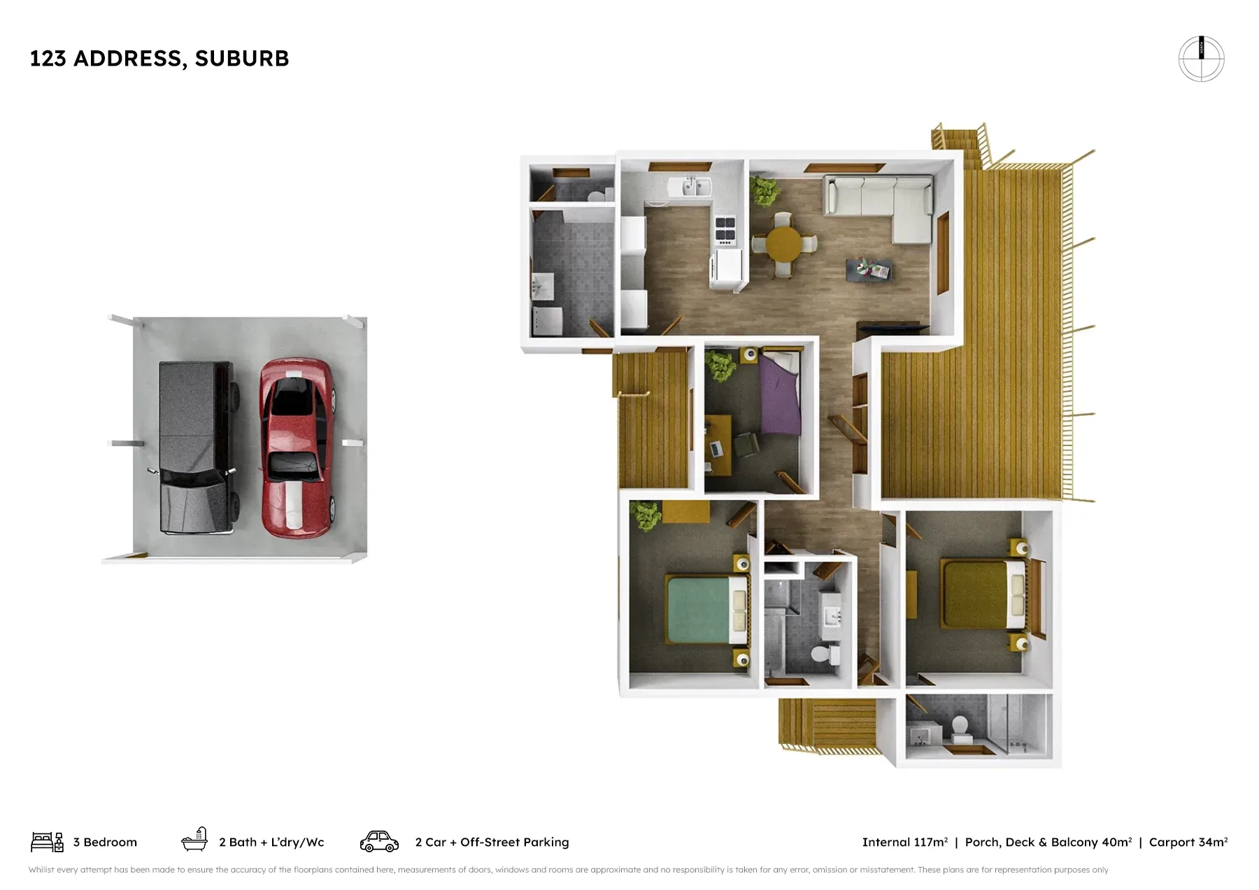 The same plan as a furnished 3D floor plan