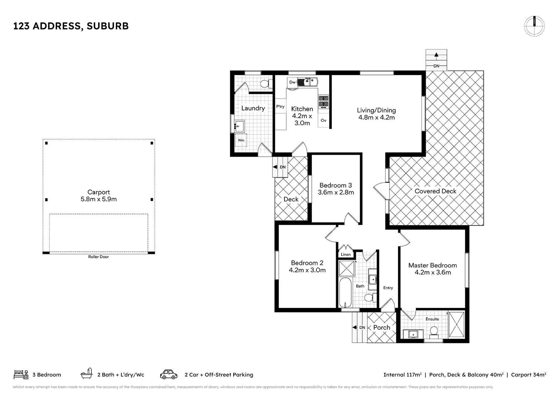 A three-bedroom house drawn as a black and white floor plan