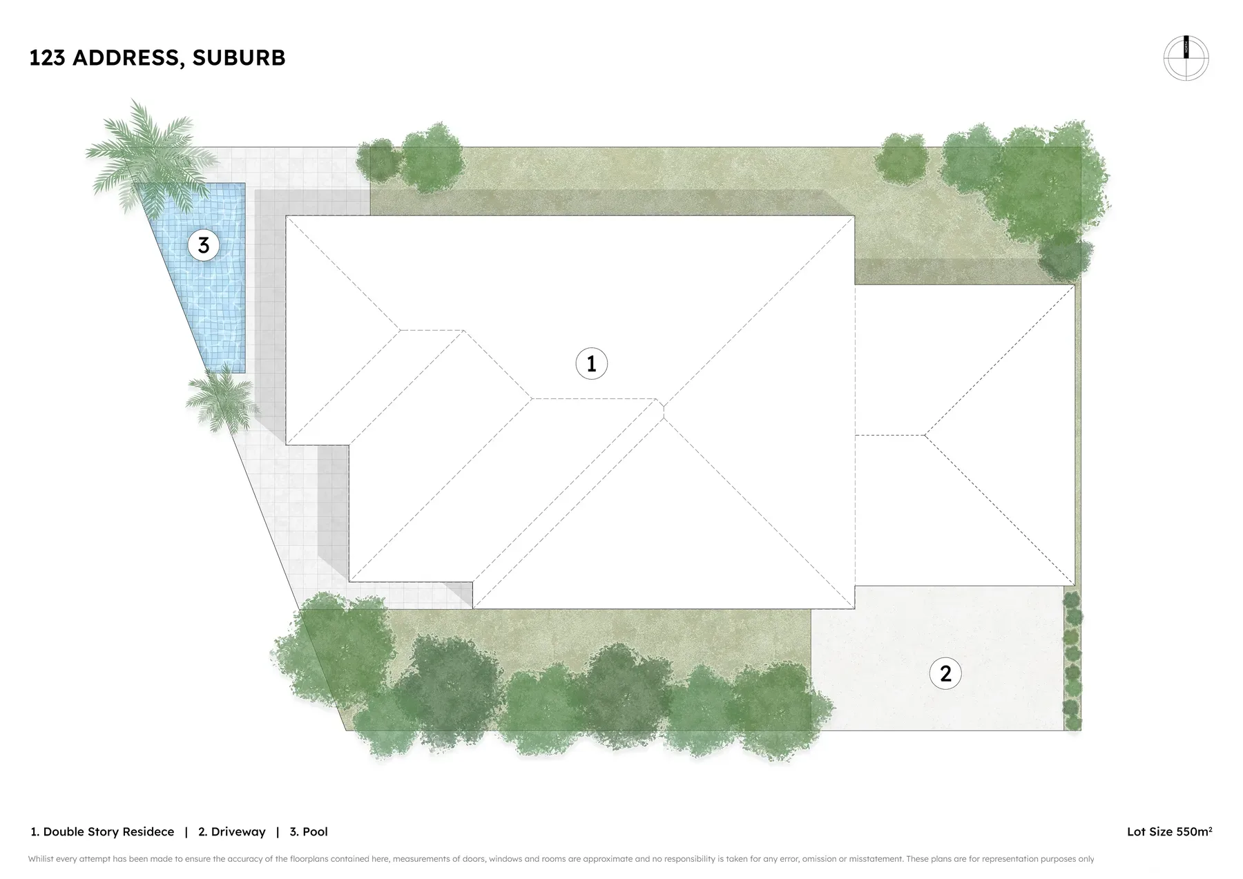 A site plan with the home, pool, driveway and garden