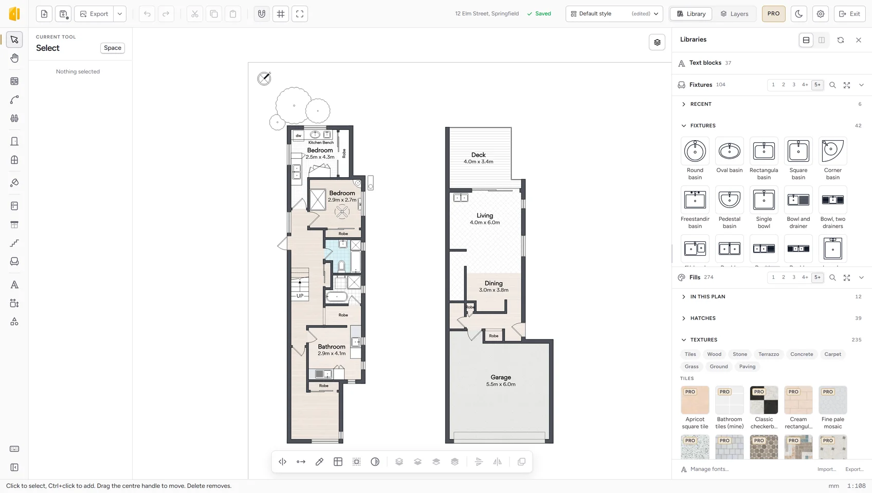 The floor plan editor with a two-building house plan drawn on the sheet