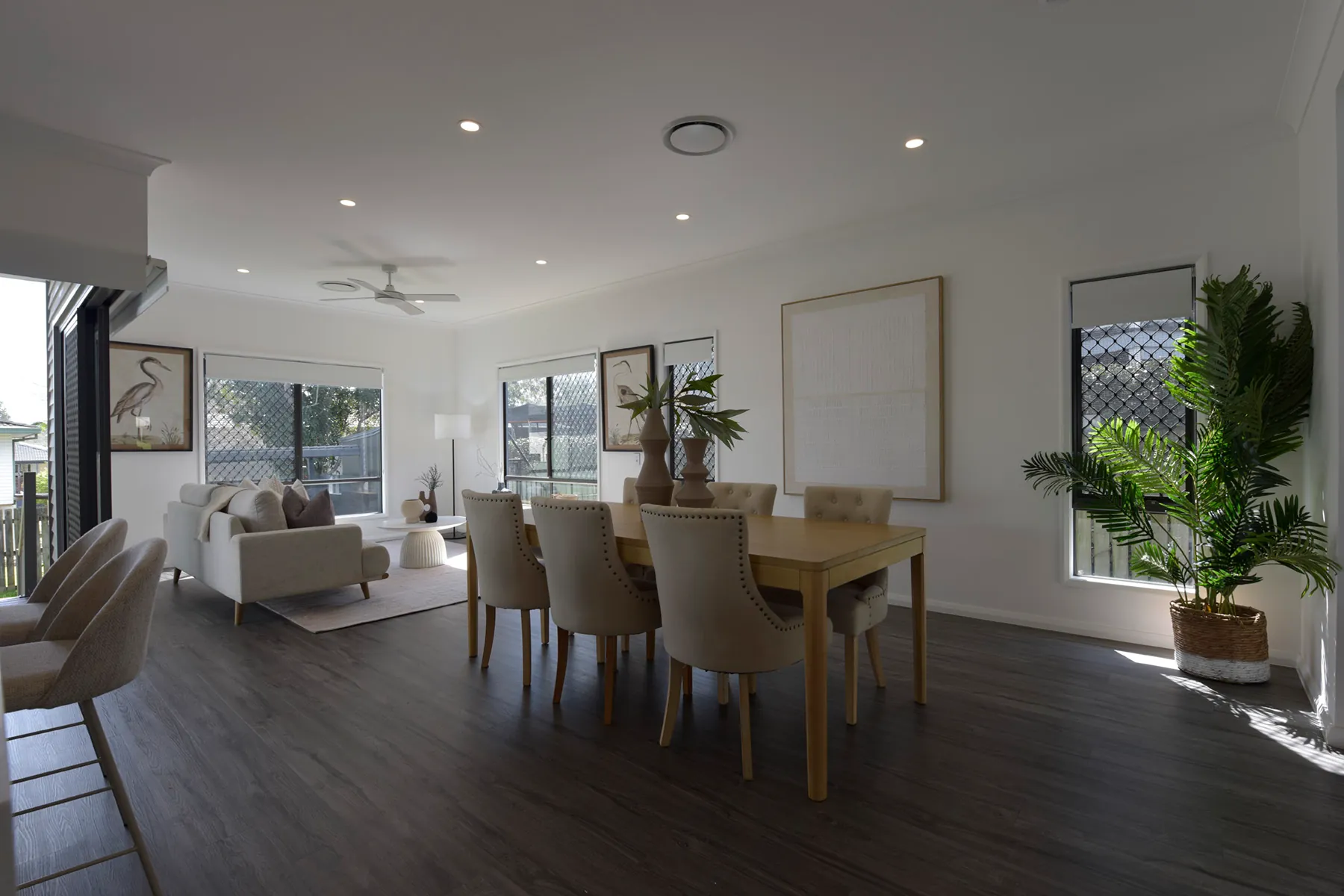 One of the bracketed shots of an open-plan dining and living room