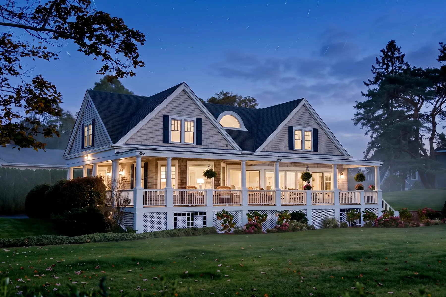 The same home as a finished twilight photo, windows glowing