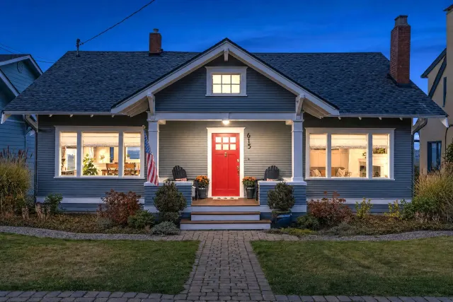 A house photo turned from day to twilight