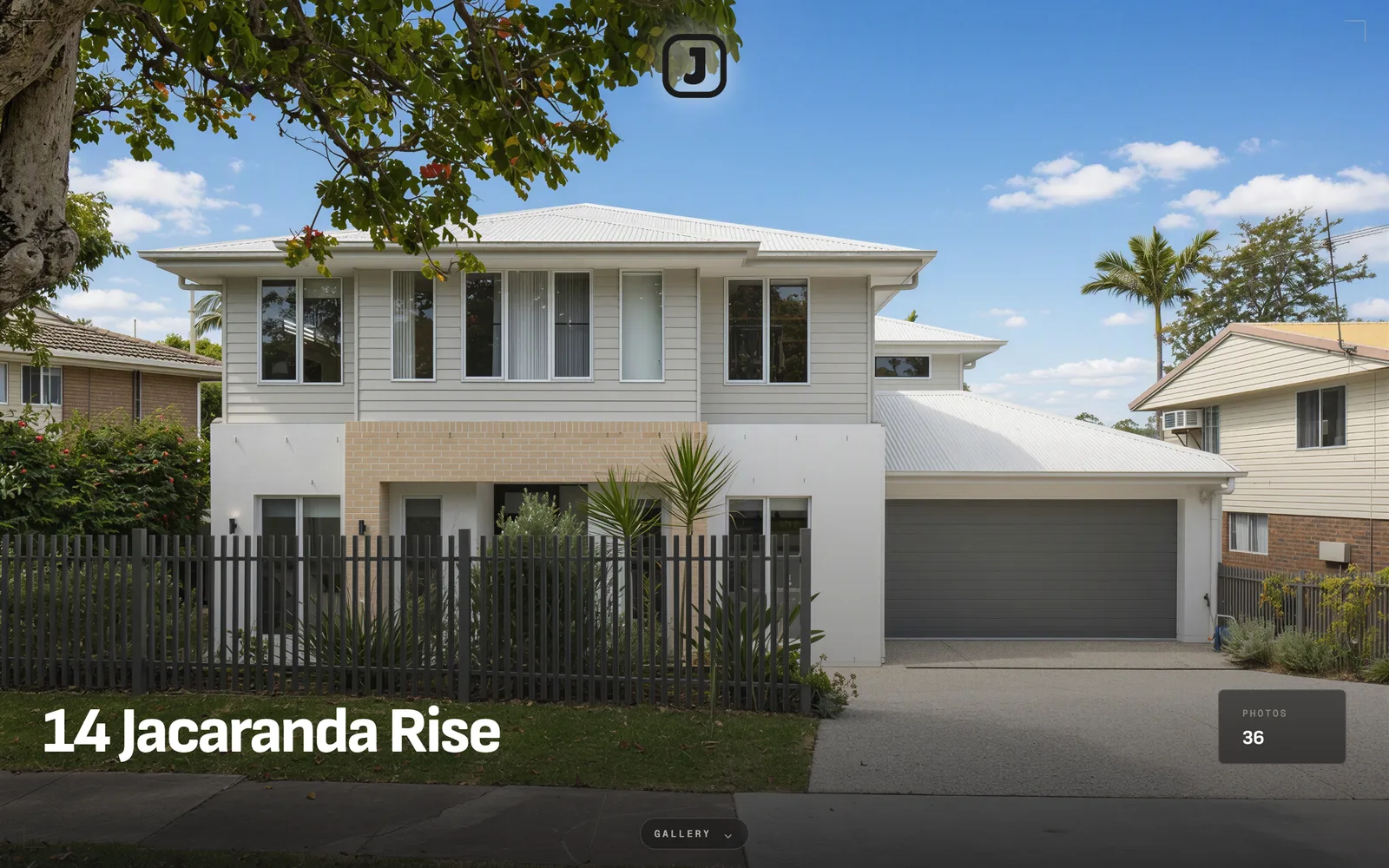 A client gallery's cover on a computer: a two-storey house, the listing's name and its photo count