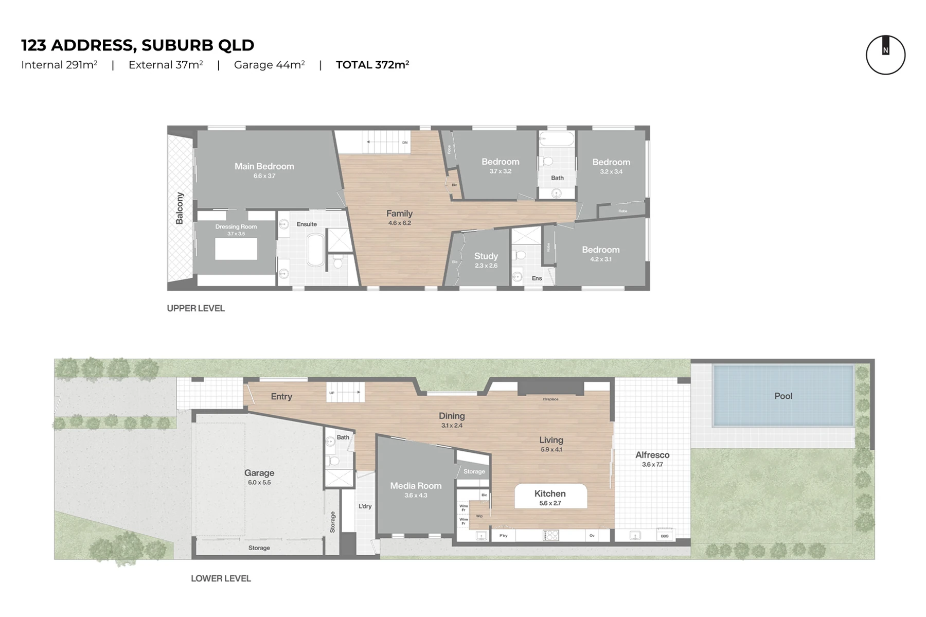 A professionally drawn two-level floor plan