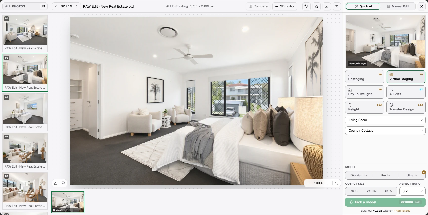 The Quick AI workspace: a bedroom photo from an AI HDR set open large, the set's photos on the left, the AI tools with their token prices on the right