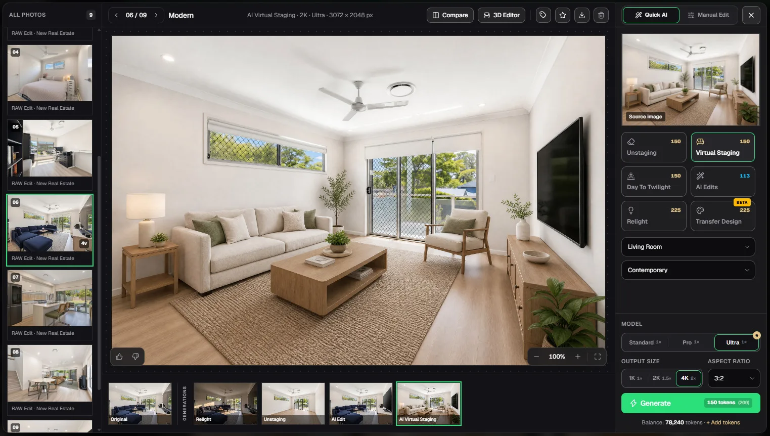 The Quick AI workspace: a virtually staged living room open beside its original, the six tools with their prices, the versions strip and the cost on the Generate button